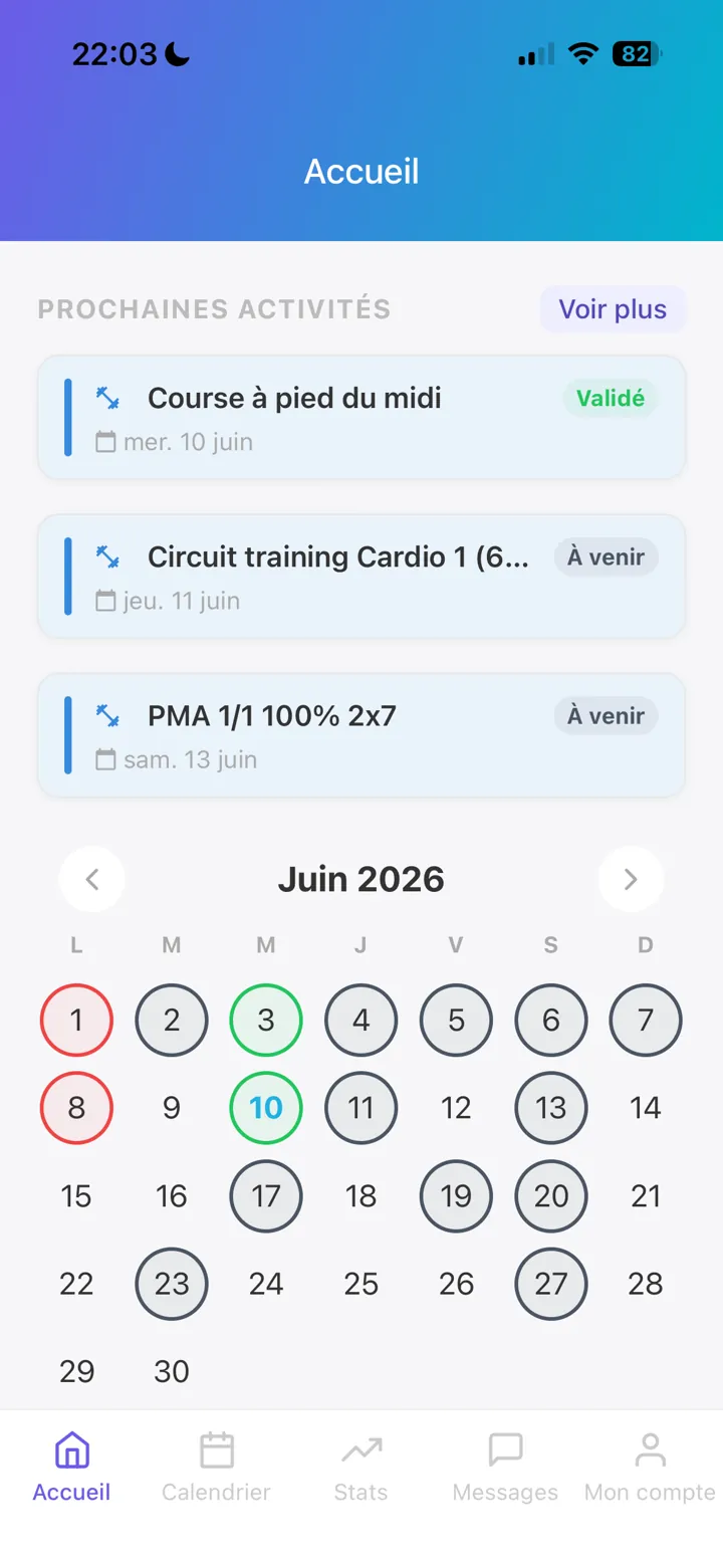 Écran d'accueil de l'app athlète : prochaines activités et calendrier du mois