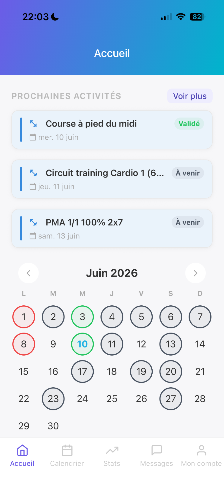 Application mobile Optitrainer côté sportif