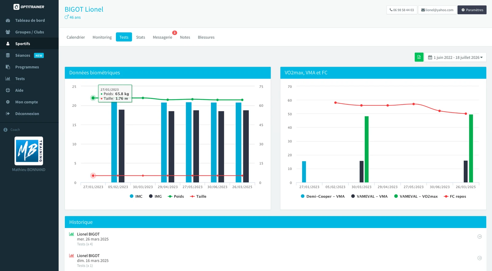 Interface Optitrainer — fiche sportif d'un licencié : données biométriques (IMC, IMG, poids, taille) et évaluations physiques (VO2max, VMA, FC repos) avec historique de tests.