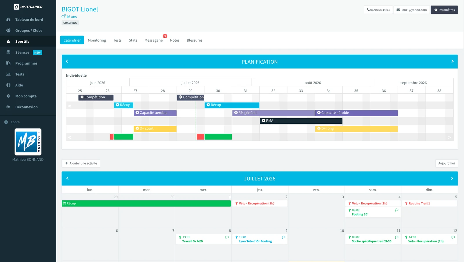 Interface Optitrainer — calendrier de planification du sportif Lionel Bigot : macro-planification de juin à septembre 2026 avec blocs Compétition, Récup, Capacité aérobie, RM général, PMA, D+ court et D+ long, et vue hebdomadaire détaillée du mois de juillet 2026 avec séances de vélo, footing et sortie trail.