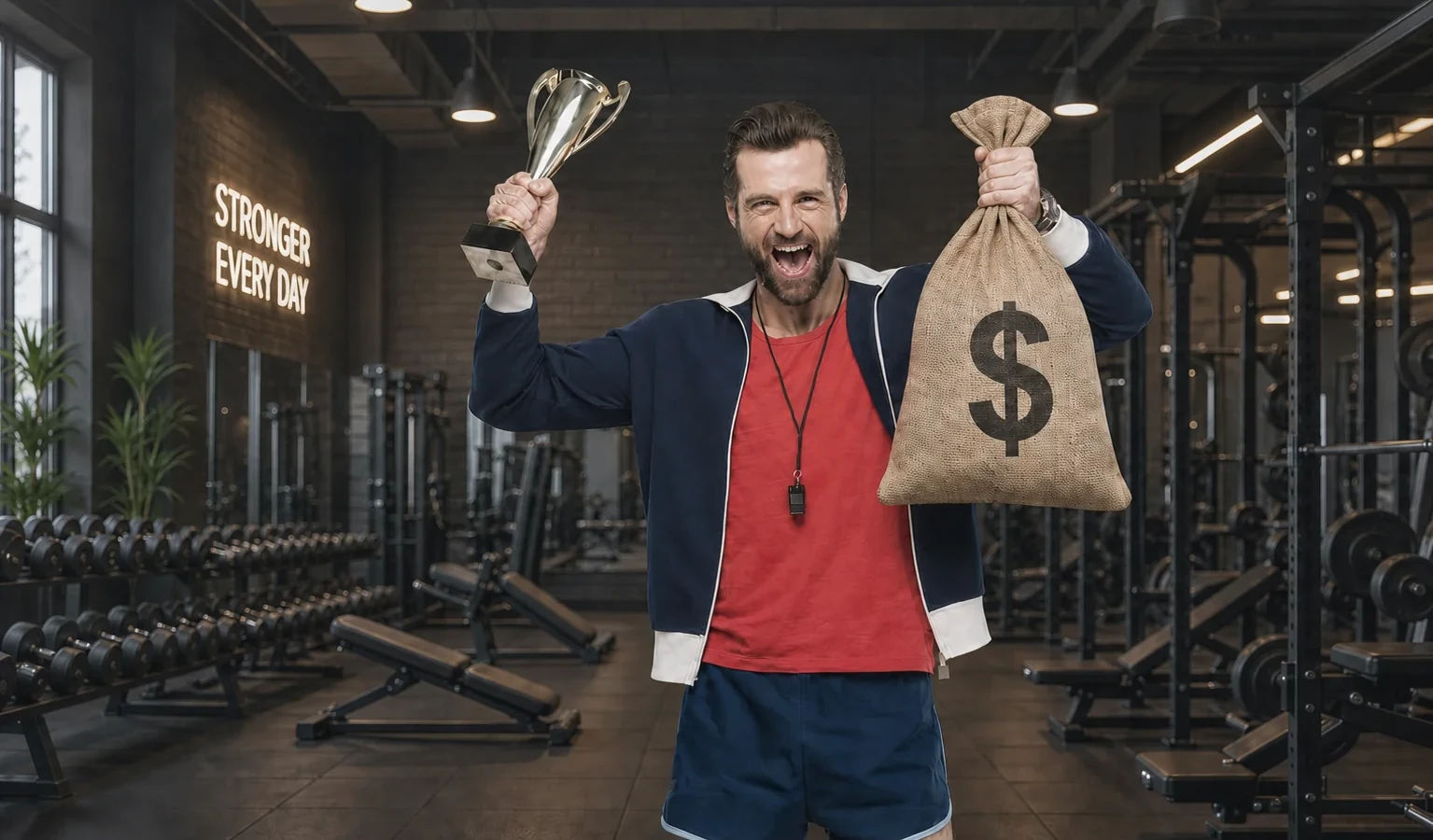 Coach sportif célébrant sa réussite financière dans une salle de sport