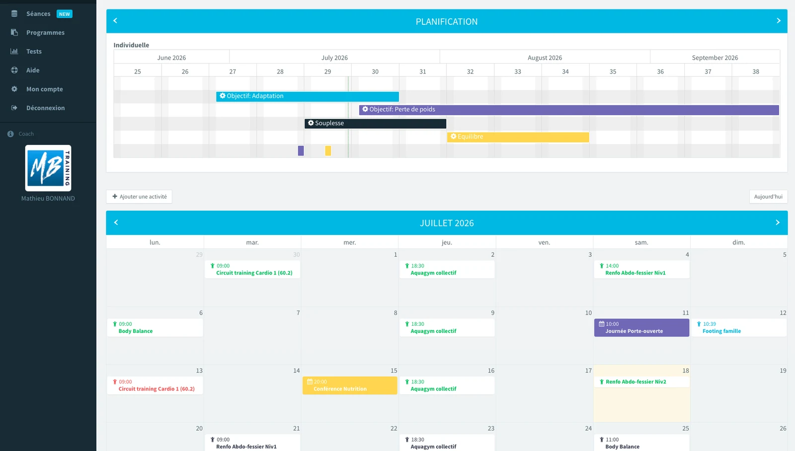 Interface Optitrainer — planification annuelle d'une salle de fitness avec objectifs (adaptation, perte de poids, souplesse, équilibre) et calendrier des cours collectifs.