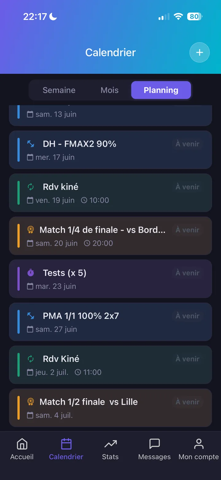 Planning des séances en mode sombre