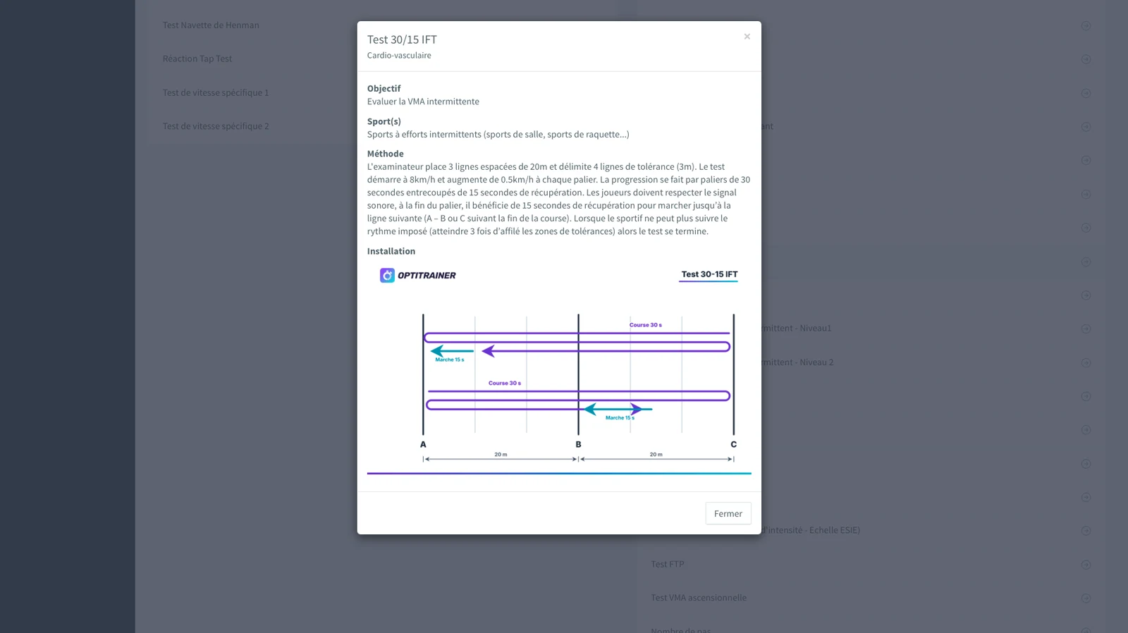 Interface Optitrainer — fiche détaillée du test 30/15 IFT (objectif, sports, méthode et schéma d'installation) dans la bibliothèque de tests de terrain.