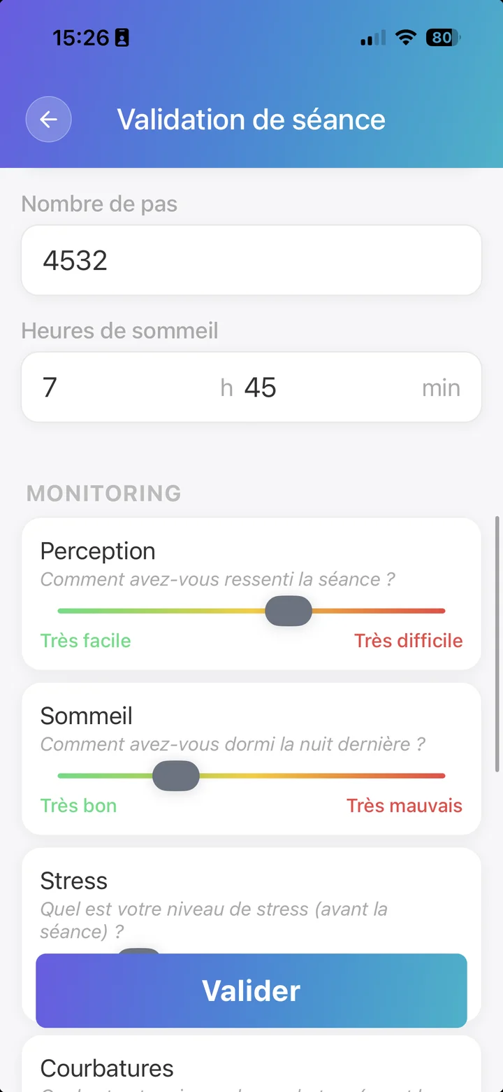 Application Optitrainer : validation de séance par le sportif — nombre de pas, sommeil, perception de l'effort, stress et courbatures