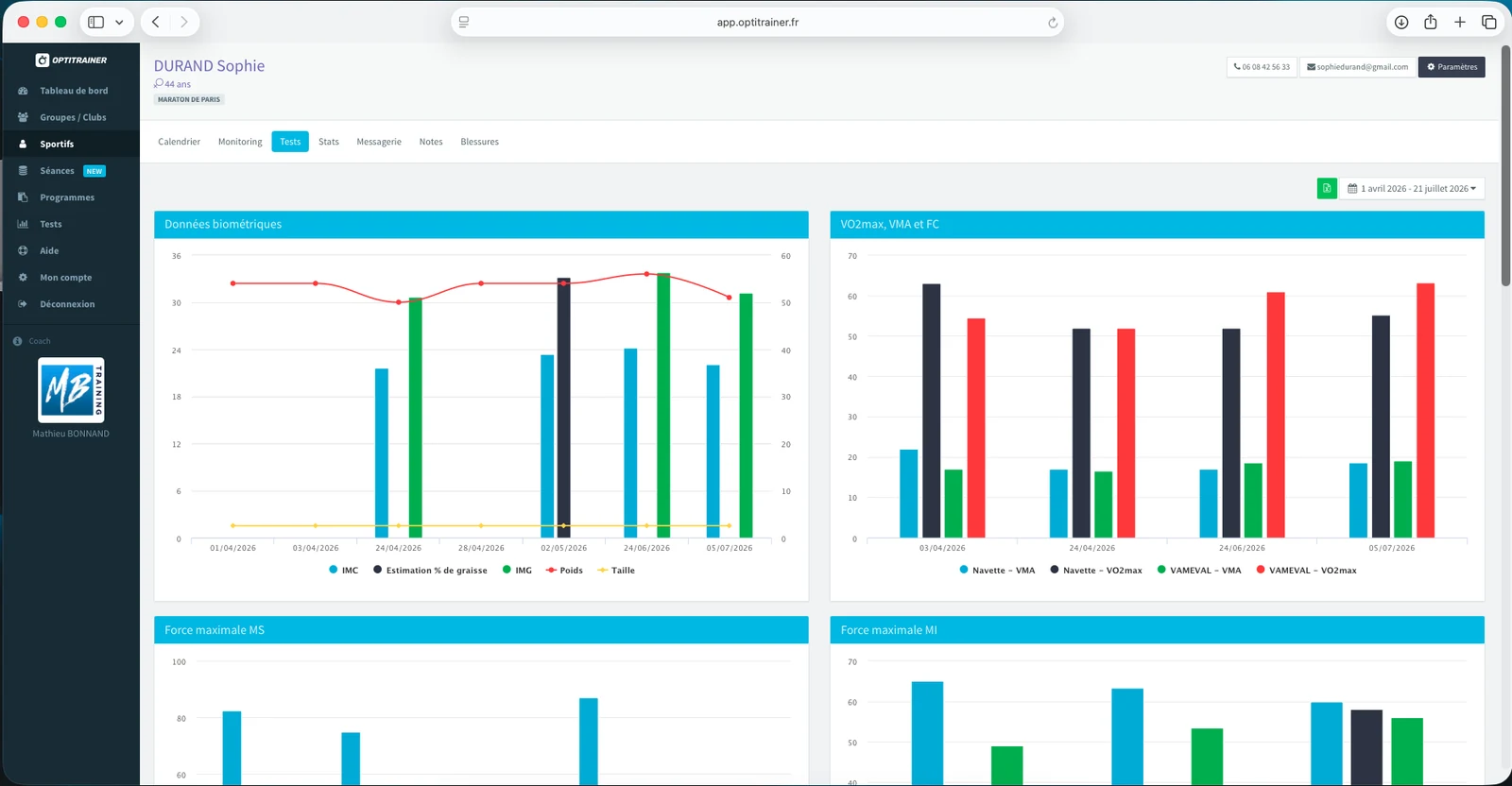 Interface Optitrainer — page Tests de la sportive Sophie Durand (marathon de Paris) : graphiques de données biométriques (IMC, poids, taille, estimation du % de graisse) et de VO2max / VMA / FC issus des tests Navette et VAMEVAL, avec blocs Force maximale membres supérieurs et inférieurs.