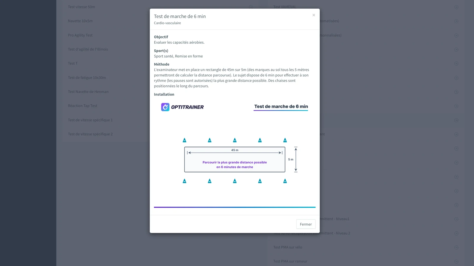 Interface Optitrainer — bibliothèque de tests sport-santé avec fiche détaillée du test de marche de 6 minutes (objectif, méthode, installation).