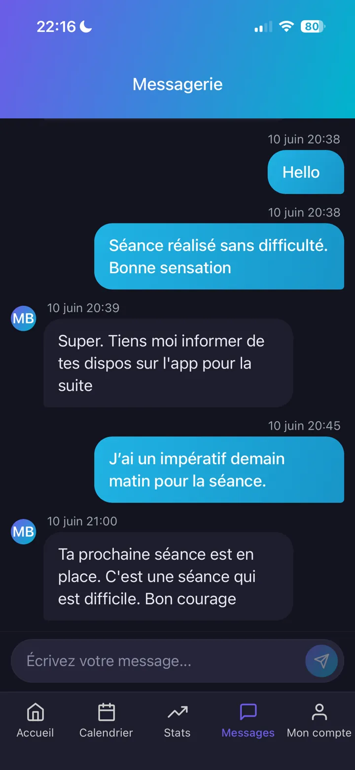 Messagerie intégrée entre l'athlète et son coach