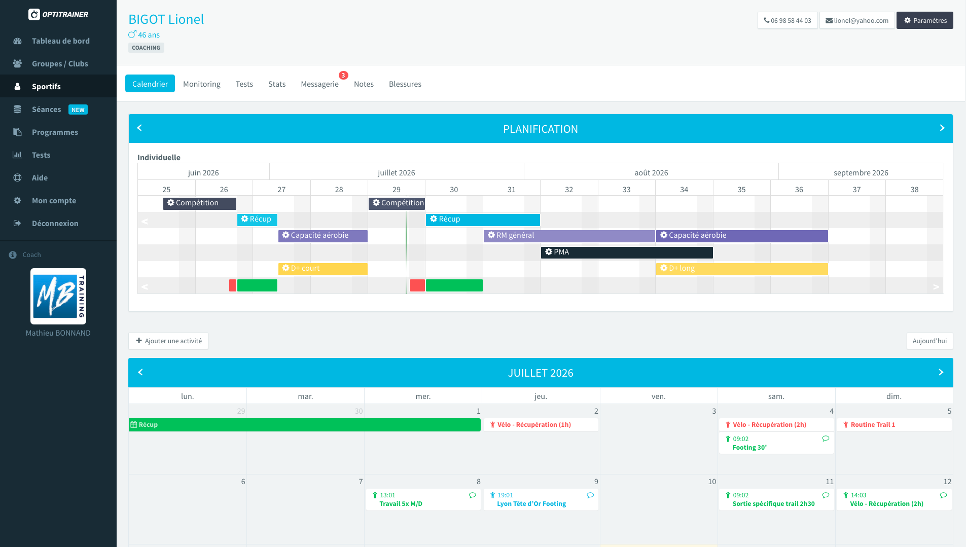 Interface Optitrainer — page Sportifs / Calendrier : planification individuelle avec macro/méso/micro-cycles et calendrier hebdomadaire.