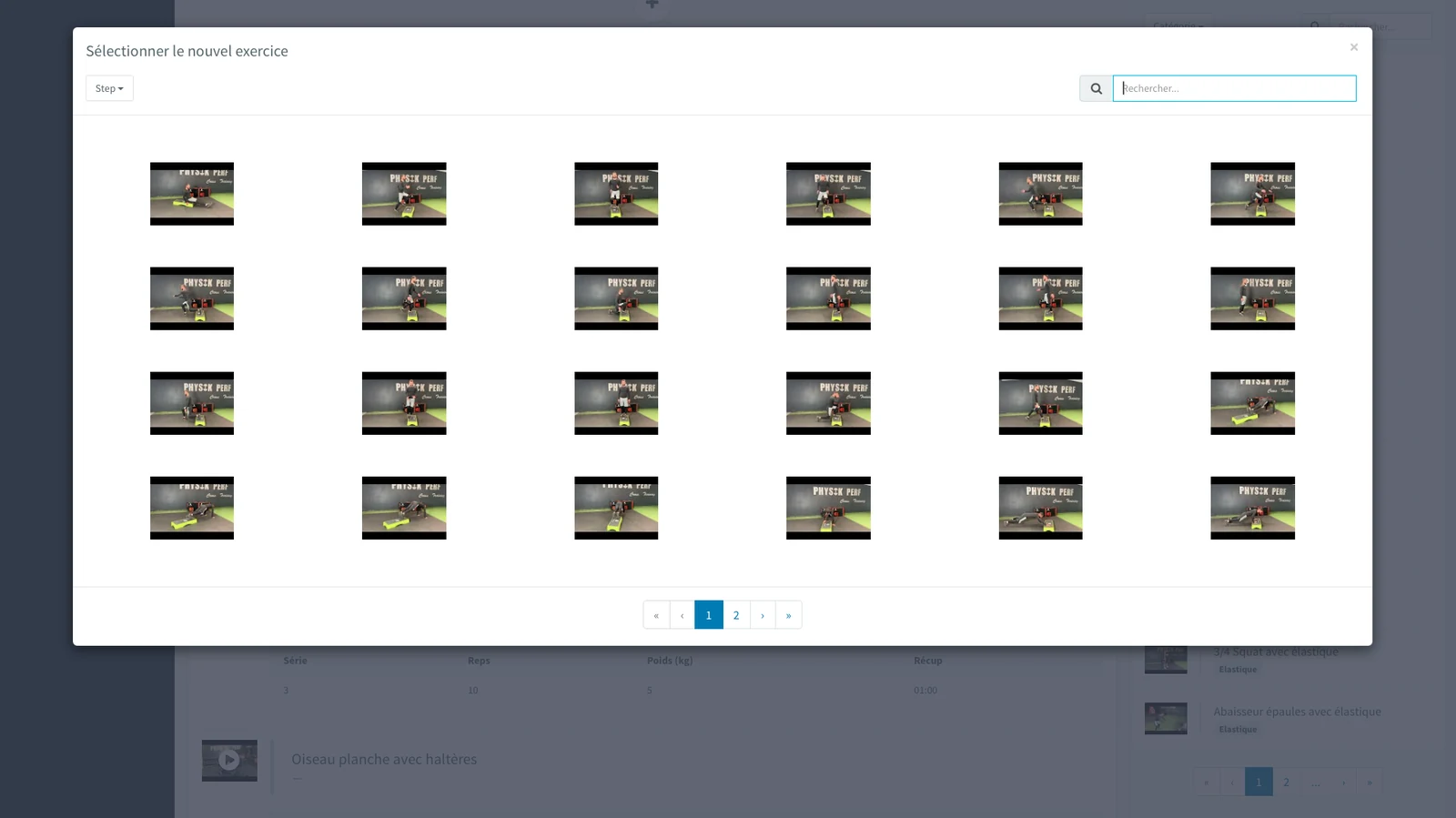 Interface Optitrainer — sélection d'un exercice de rééducation dans la bibliothèque vidéo pour construire un programme personnalisé.