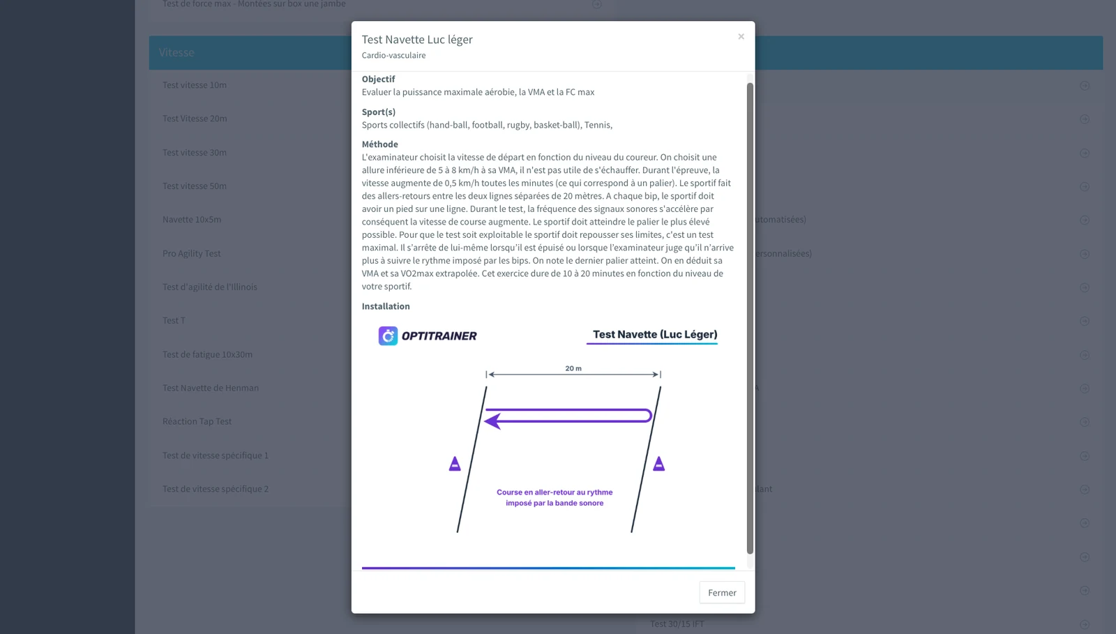 Interface Optitrainer — fiche détaillée du test navette Luc Léger (objectif, méthode et schéma d'installation) dans la bibliothèque de tests de retour au sport.