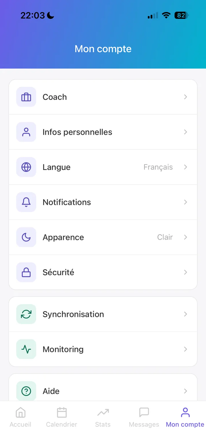 Paramètres du compte athlète : langue, notifications, synchronisation