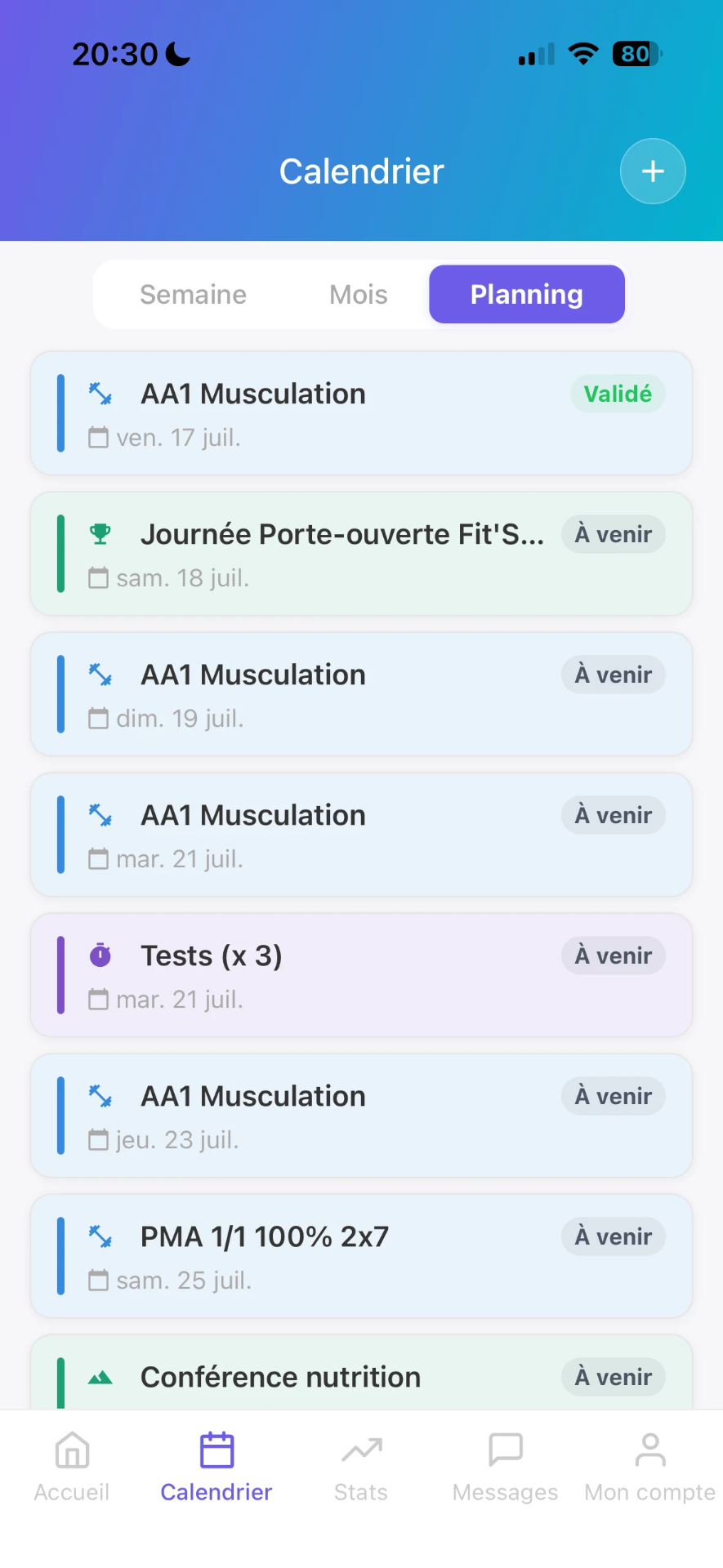 Application mobile Optitrainer — détail d'une séance de musculation « AA1 Musculation » avec circuit AMRAP, exercices vidéo et bouton de validation.