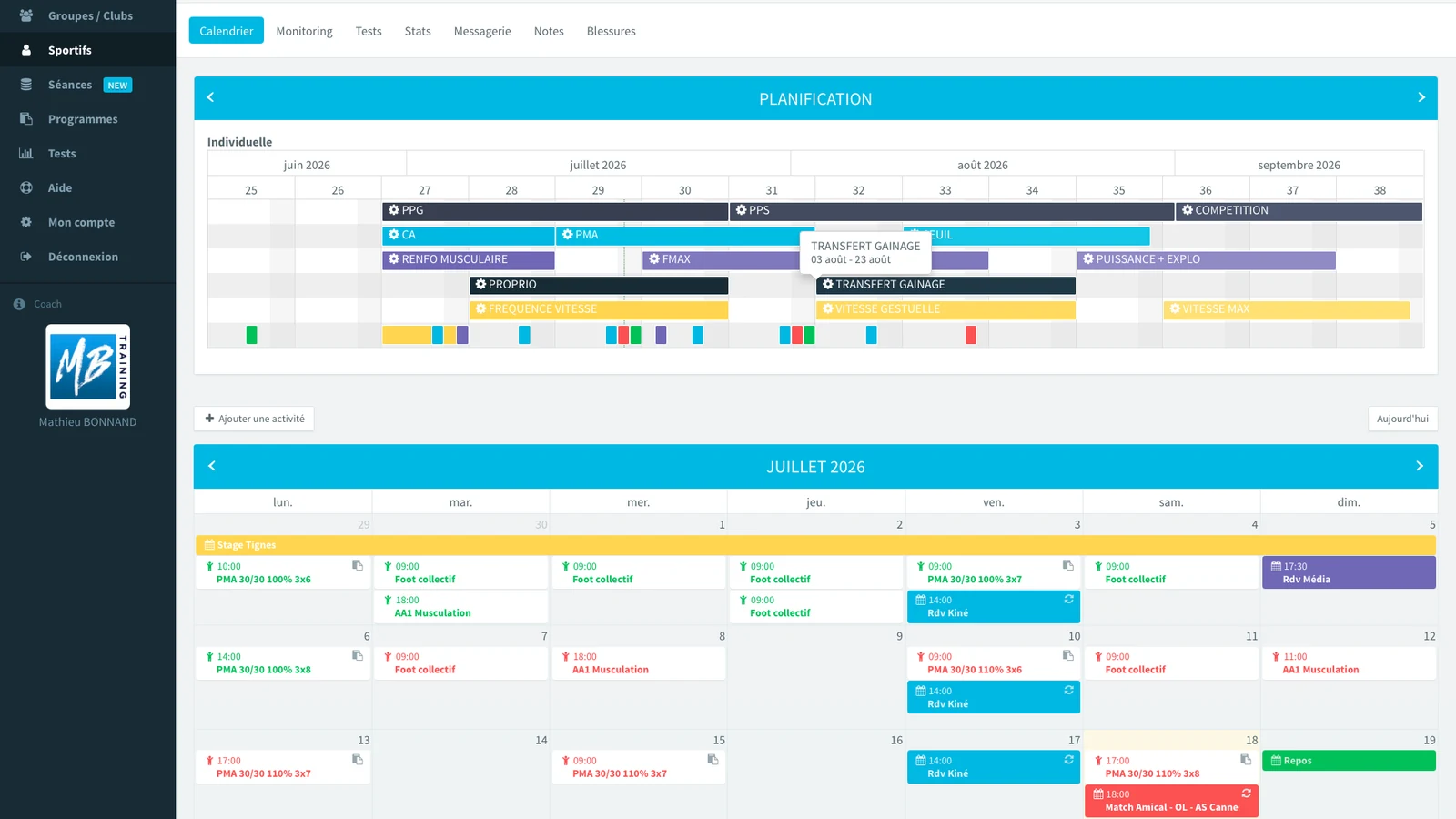 Interface Optitrainer — calendrier et planification annuelle d'un licencié : macro-cycles (PPG, PPS, compétition), méso-cycles et séances hebdomadaires.