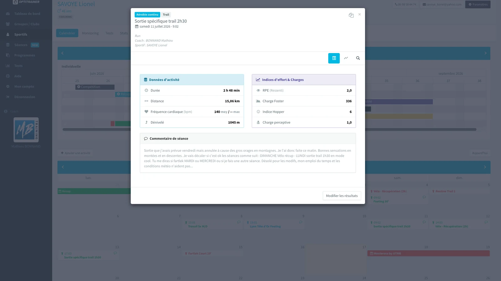 Interface Optitrainer — retour de séance d'un client : durée, distance, dénivelé, fréquence cardiaque, RPE, charge Foster et commentaire de séance.