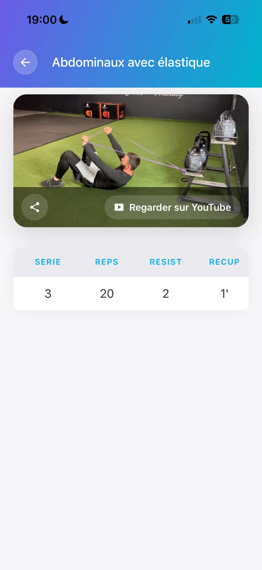 Application mobile Optitrainer — fiche d'exercice « Abdominaux avec élastique » avec vidéo, séries, répétitions, résistance et récupération.
