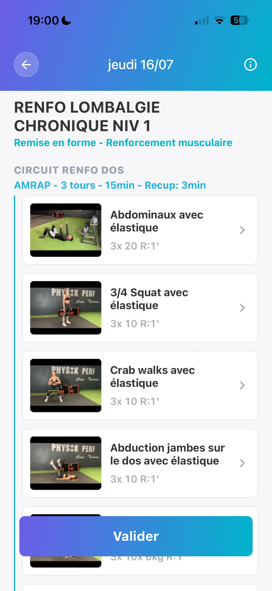 Application mobile Optitrainer — séance « Renfo lombalgie chronique niv 1 » avec circuit d'exercices, vidéos et bouton de validation.