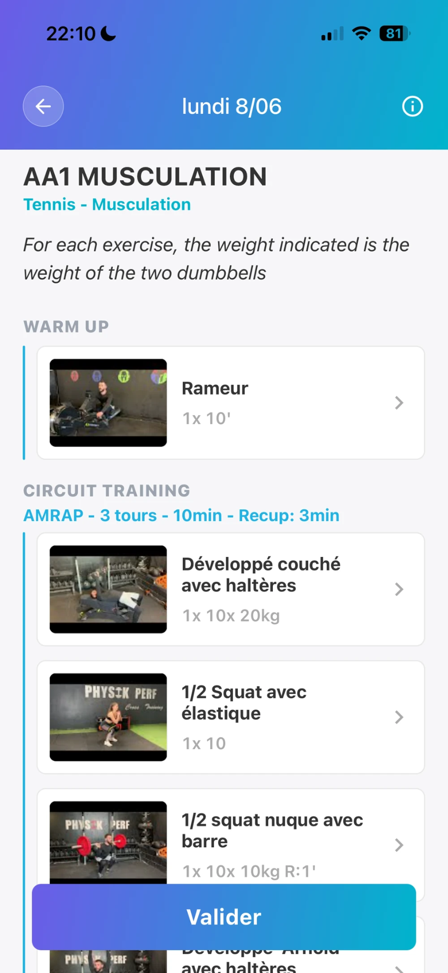 Séance dans l'application mobile sportif Optitrainer