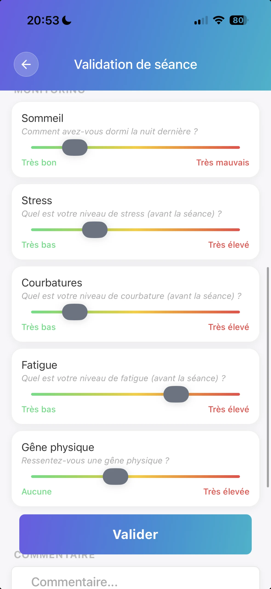 Application mobile Optitrainer — validation de séance par le patient : monitoring du sommeil, stress, courbatures, fatigue et gêne physique.