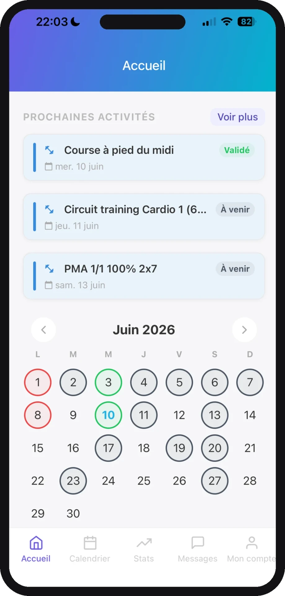 Écran calendrier et planning de l'application Optitrainer