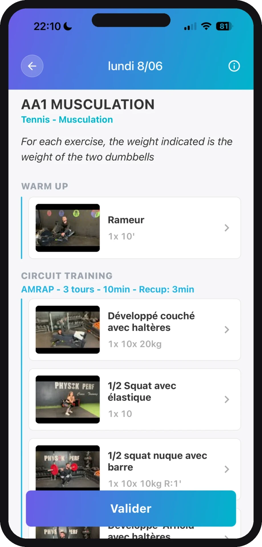 Fiche exercice avec vidéo de démonstration dans l'application Optitrainer