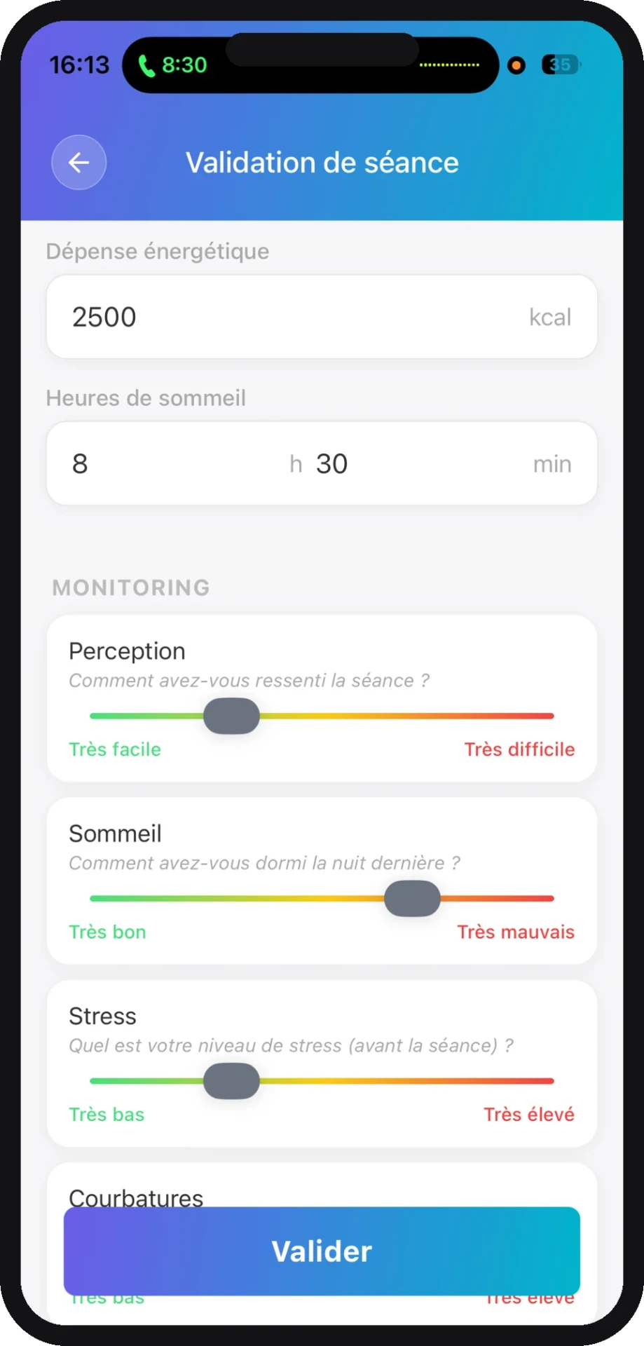 Écran de validation de séance et de monitoring dans l'application Optitrainer